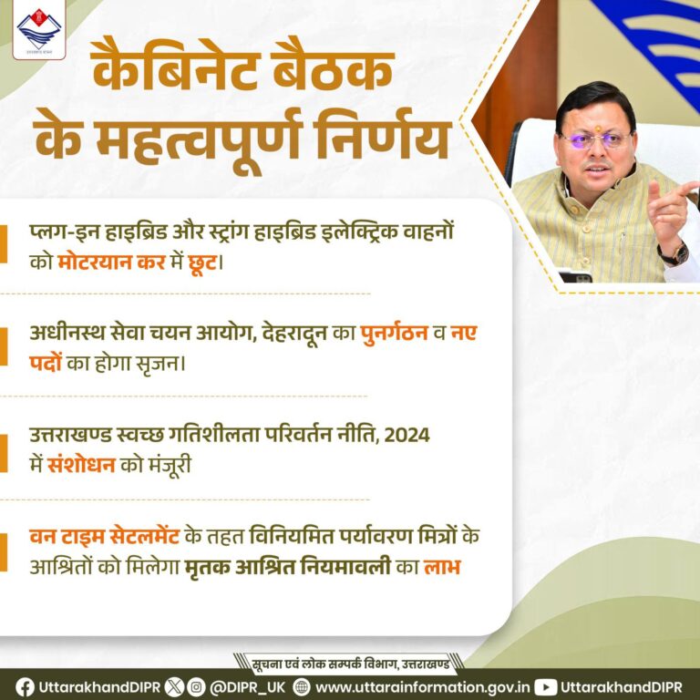 उत्तराखंड कैबिनेट बैठक: 12 अहम प्रस्तावों पर मुहर, ई-वाहन टैक्स माफी से लेकर भर्ती प्रक्रियाओं में सुधार तक बड़े फैसले
