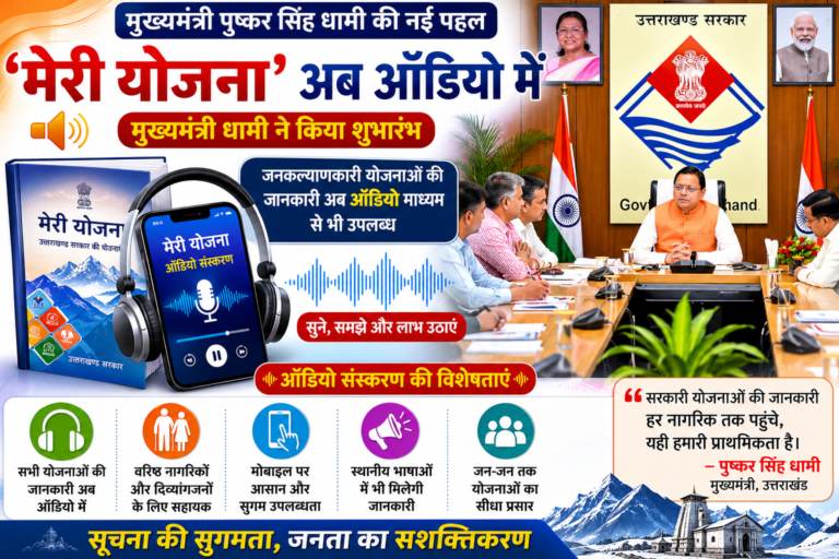 मेरी योजना’ अब ऑडियो में, मुख्यमंत्री धामी ने किया शुभारंभ | Bhadas4India उत्तराखंड: सरकारी योजनाओं की जानकारी अब ऑडियो माध्यम से भी उपलब्ध | Bhadas4India मुख्यमंत्री धामी की नई पहल, ‘मेरी योजना’ पुस्तक का ऑडियो संस्करण लॉन्च | Bhadas4India जनकल्याणकारी योजनाओं तक आसान पहुंच, ‘मेरी योजना’ ऑडियो क्लिप जारी | Bhadas4India